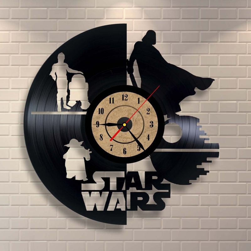 طرح دکور دیواری وینیل ساعت جنگ ستارگان مناسب برای استفاده در دستگاه های cnc چوب و cnc لیزر - vinyl record clock star wars wall decor cdr file