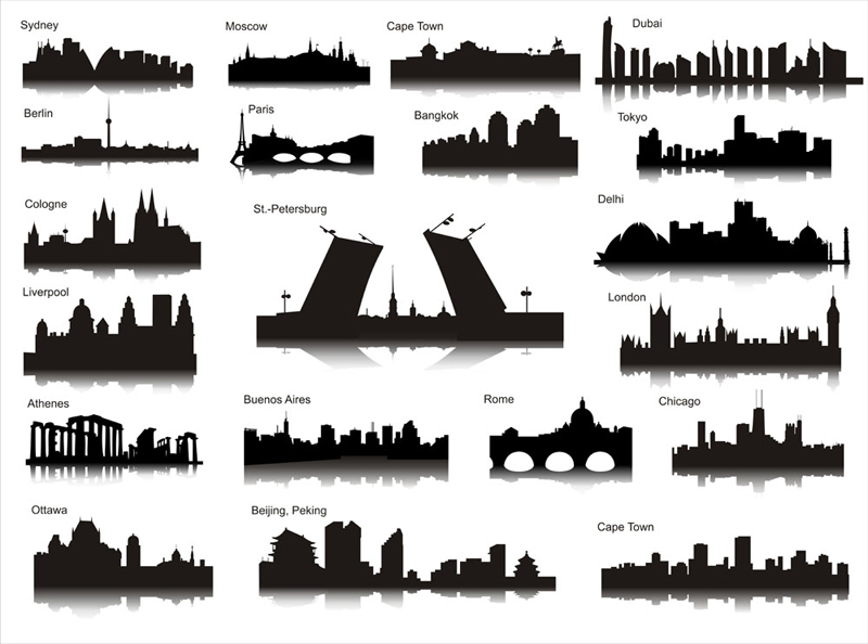 طرح مجموعه سیلوئت های شهرها . مناسب برای استفاده در دستگاه های cnc چوب و cnc لیزر - set of silhouettes of cities eps file