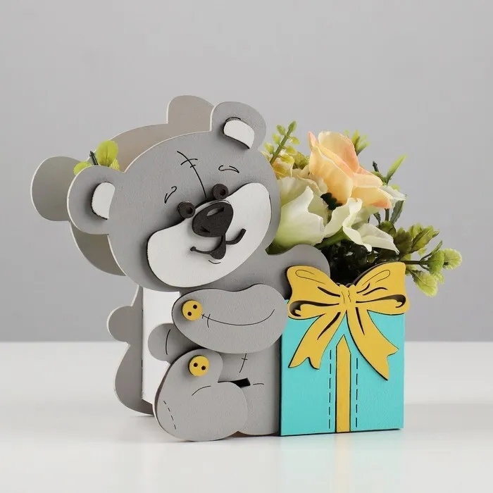 طرح جا گل خرس عروسکی مناسب برای استفاده در دستگاه های cnc چوب و cnc لیزر - laser cut teddy bear flower holder cdr file