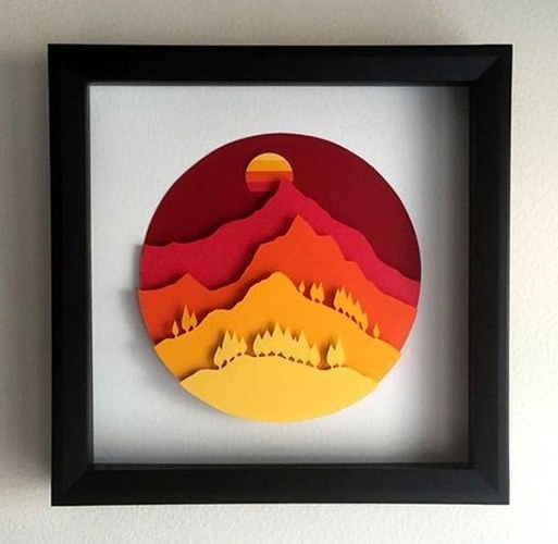 طرح تابلو دیواری درخت کوه خورشید مناسب برای استفاده در دستگاه های cnc چوب و cnc لیزر - laser cut decor wall art tree mountain sun cdr file