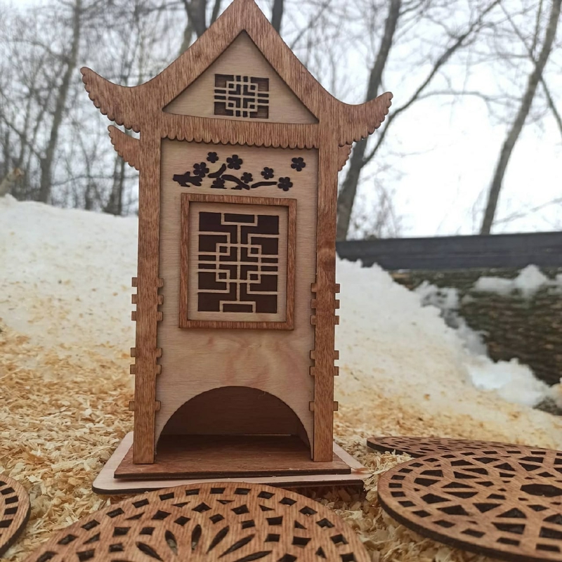 طرح چایخانه سنتی چینی مناسب برای استفاده در دستگاه های cnc چوب و cnc لیزر - laser cut chinese traditional house shaped tea house dxf file