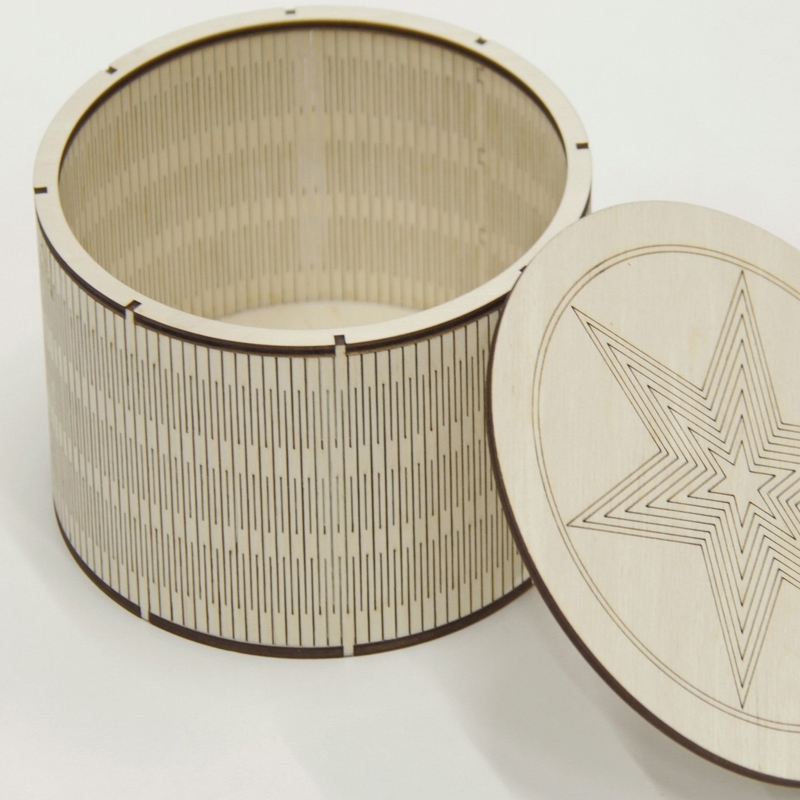 طرح جعبه چوبی گرد با درب جعبه فلکسی حکاکی شده مناسب برای استفاده در دستگاه های cnc چوب و cnc لیزر - laser cut engrave round wooden box with lid flex box dxf file