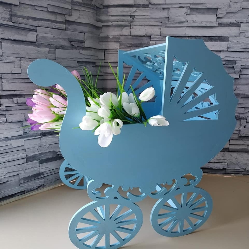 طرح کالسکه بچه، پایه گل و گلدان، مناسب برای استفاده در دستگاه های cnc چوب و cnc لیزر - laser cut baby buggy planter flower stand cdr file