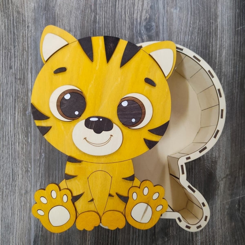 طرح جعبه کادو ببر ناز مناسب برای استفاده در دستگاه های cnc چوب و cnc لیزر - laser cut cute tiger gift box cdr file