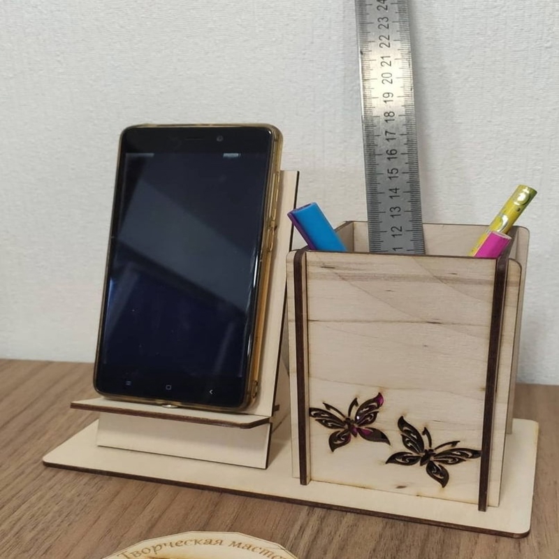 طرح پایه گوشی و خودکار چوبی مناسب برای استفاده در دستگاه های cnc چوب و cnc لیزر - laser cut wooden phone and pen stand dxf file