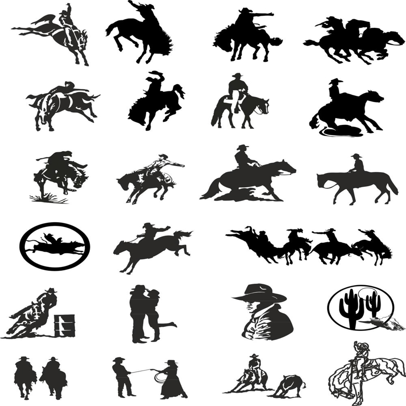 طرح فایل وکتور مجموعه سیلوئت کابوی مناسب برای استفاده در دستگاه های cnc چوب و cnc لیزر - cowboy silhouette vector set cdr file