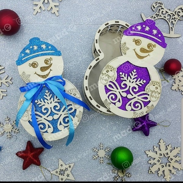 طرح جعبه آدم برفی با درب، مناسب برای استفاده در دستگاه های cnc چوب و cnc لیزر - laser cut snowman box with lid template cdr file