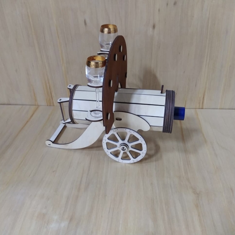 طرح جا بطری شیشه ای توپ چوبی قدیمی مناسب برای استفاده در دستگاه های cnc چوب و cnc لیزر - laser cut wooden vintage cannon wine glass bottle holder cdr file