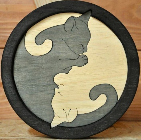 طرح گربه یین یانگ مناسب برای استفاده در دستگاه های cnc چوب و cnc لیزر - laser cut yin yang cats cdr file