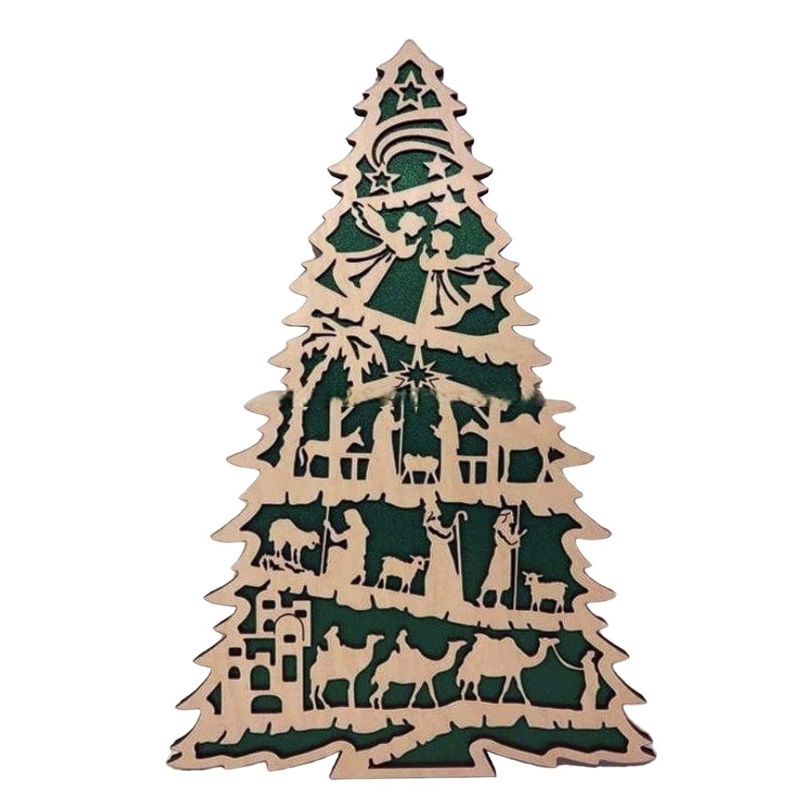 طرح درخت کریسمس با صحنه میلاد مسیح مناسب برای استفاده در دستگاه های cnc چوب و cnc لیزر - laser cut christmas tree with nativity scene cdr file