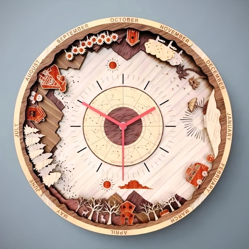 طرح ساعت دیواری چوبی لایه باز مناسب برای استفاده در دستگاه های cnc چوب و cnc لیزر - laser cut layered wooden wall clock cdr file