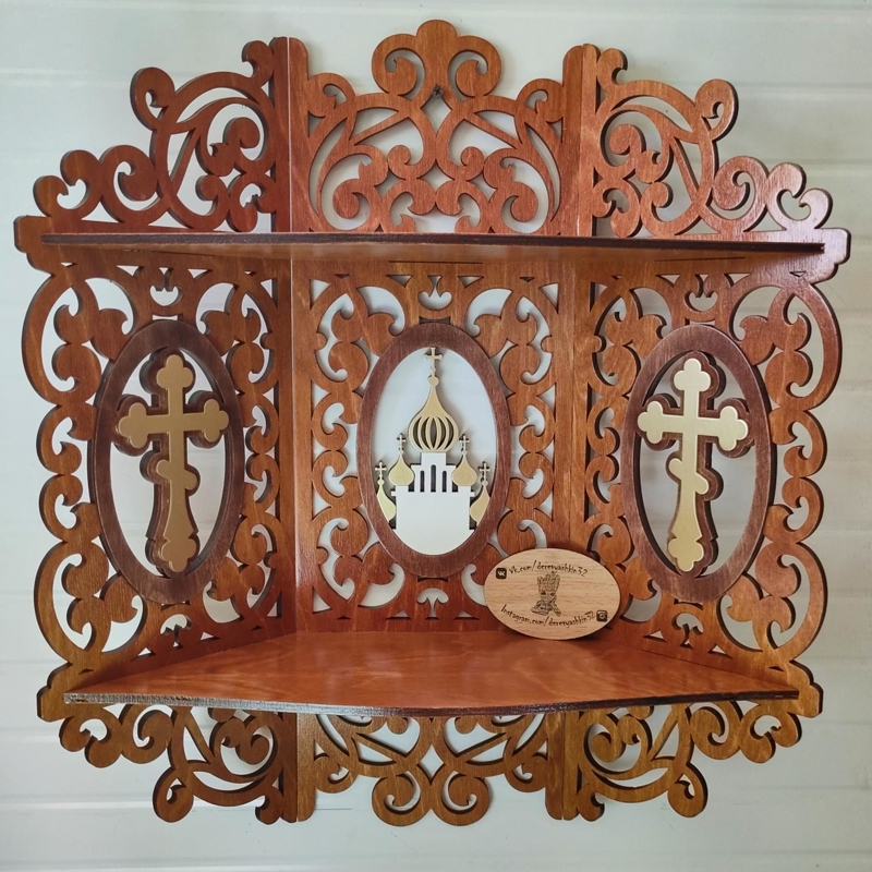طرح فایل کورل CDR قفسه چوبی برای محراب خانه مسیحی مناسب برای استفاده در دستگاه های cnc چوب و cnc لیزر - laser cut wooden shelf for icons christian home altar carved shelf cdr file