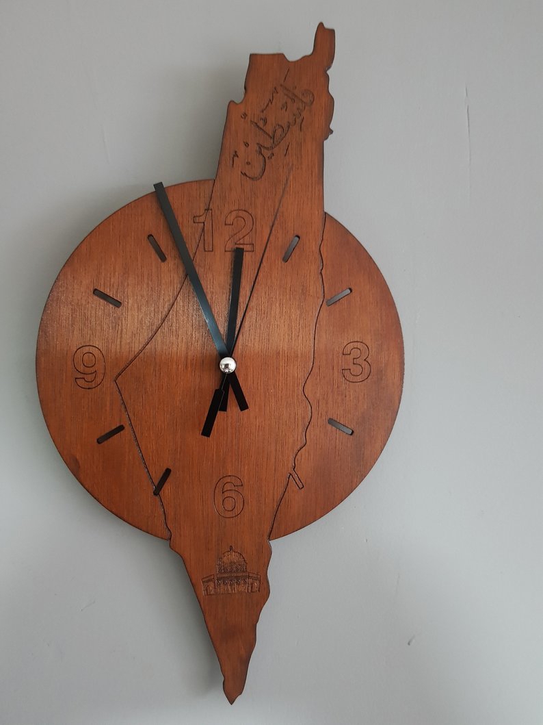 طرح ساعت دیواری طرح فلسطین مناسب برای استفاده در دستگاه های cnc چوب و cnc لیزر - laser cut palestine map wall clock cdr file
