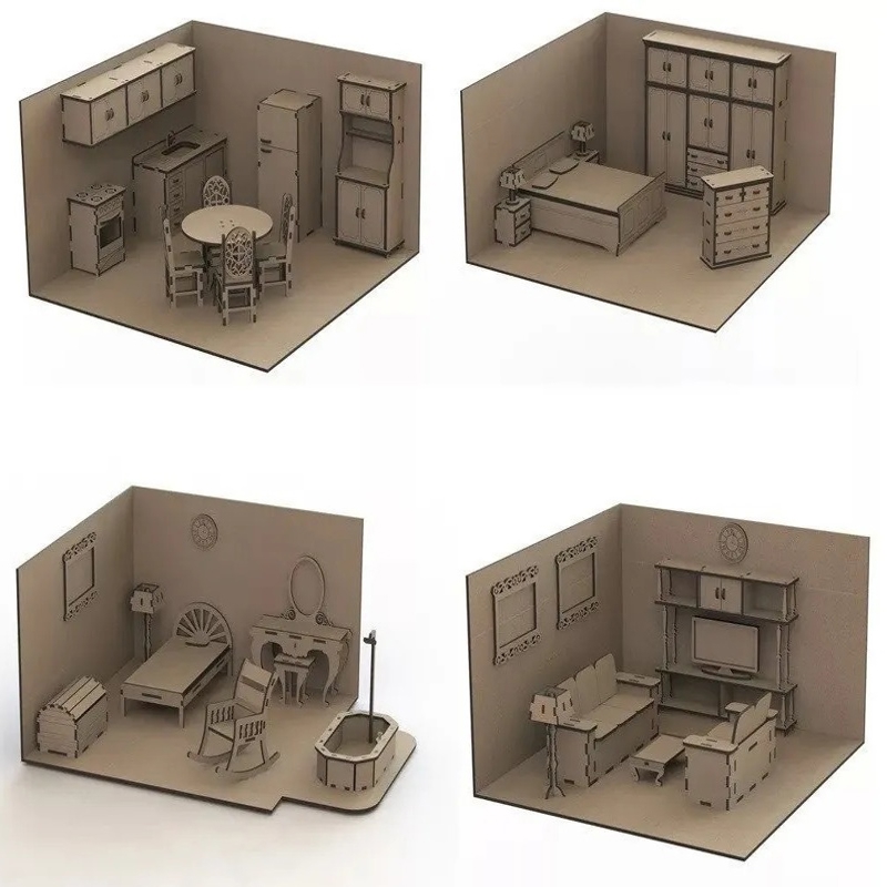 طرح خانه عروسکی مناسب برای استفاده در دستگاه های cnc چوب و cnc لیزر - laser cut dollhouse kit mini furniture cdr file