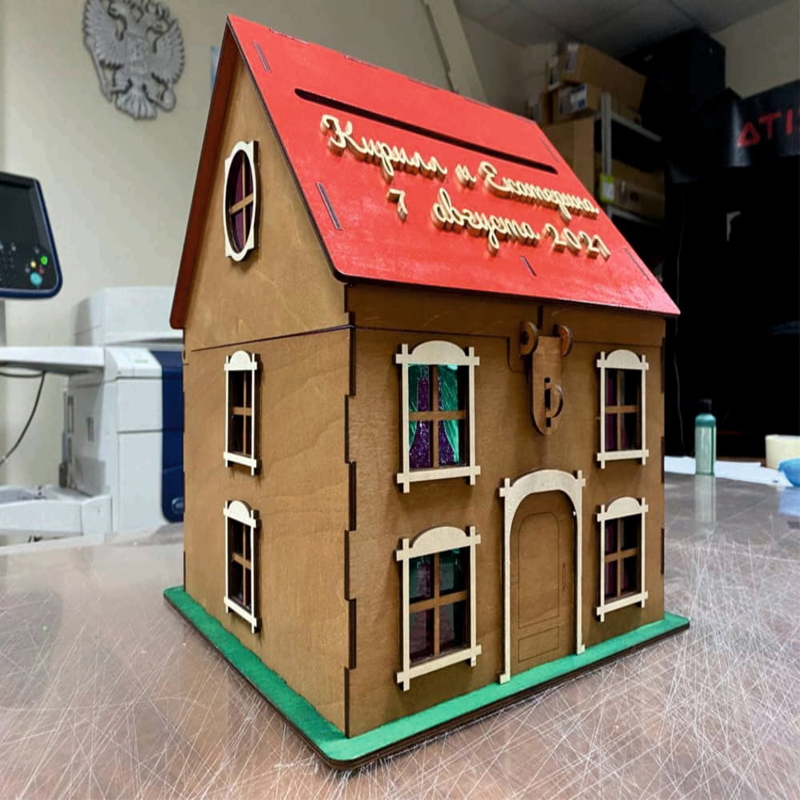 طرح جعبه پول عروسی به شکل خانه مناسب برای استفاده در دستگاه های cnc چوب و cnc لیزر - laser cut house shaped wedding money box cdr file