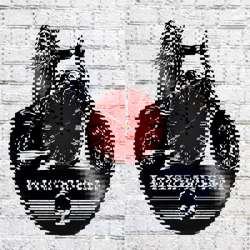 طرح ساعت دیواری وینیل هارلی دیویدسون مناسب برای استفاده در دستگاه های cnc چوب و cnc لیزر - harley davidson vinyl record wall clock cdr file