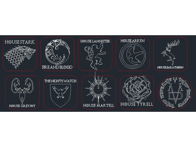 طرح زیرلیوانی بازی تاج و تخت با خط برش قرمز مناسب برای استفاده در دستگاه های cnc چوب و cnc لیزر - laser cut game of thrones coasters red cutting line cdr file