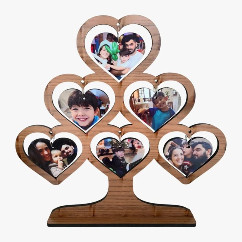 طرح درخت با 6 قاب عکس قلب شخصی مناسب برای استفاده در دستگاه های cnc چوب و cnc لیزر - laser cut tree with 6 personalized hearts photo frames