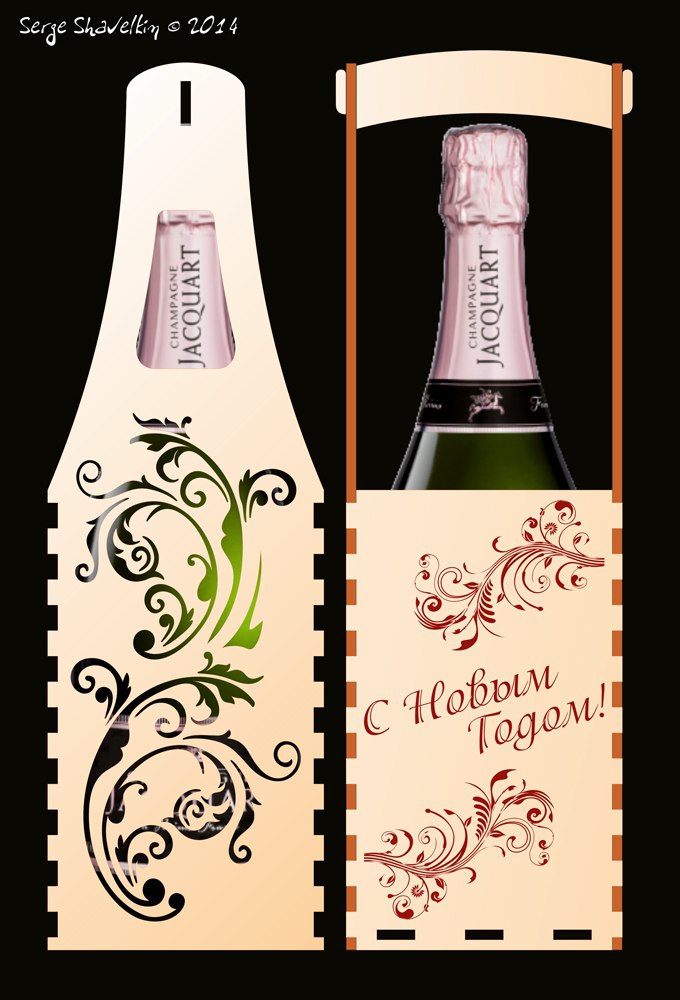 طرح جعبه بطری نوشیدنی مناسب برای استفاده در دستگاه های cnc چوب و cnc لیزر - champagne bottle box laser cutting cdr file