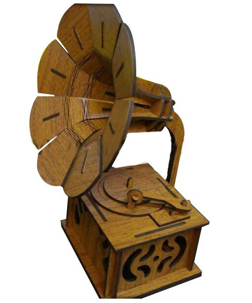 طرح مدل سه بعدی گرامافون چوبی مناسب برای استفاده در دستگاه های cnc چوب و cnc لیزر - laser cut wooden gramophone 3d model dxf file