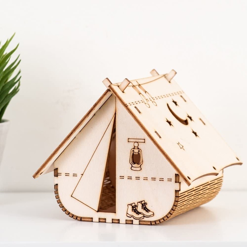 طرح چراغ خواب چوبی به شکل چادر چوبی مناسب برای استفاده در دستگاه های cnc چوب و cnc لیزر - laser cut wooden tent shape night light lamp cdr file