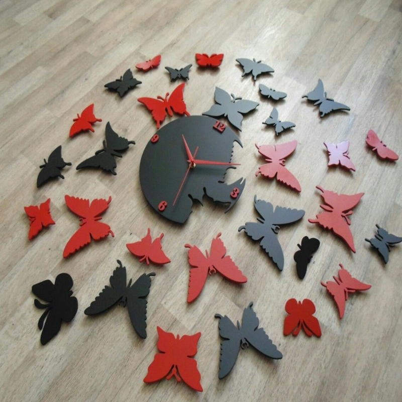 طرح ساعت دیواری پروانه ای مدرن مناسب برای استفاده در دستگاه های cnc چوب و cnc لیزر - laser cut diy modern butterfly wall clock cdr file