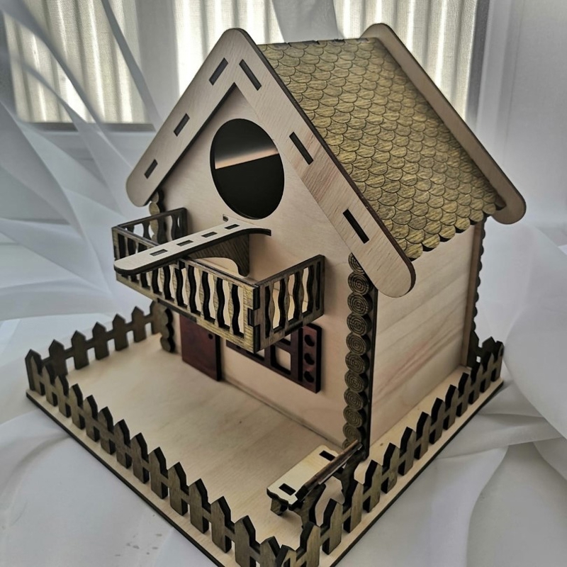 طرح خانه پرنده کلبه ای مناسب برای استفاده در دستگاه های cnc چوب و cnc لیزر - laser cut cottage bird house cdr file