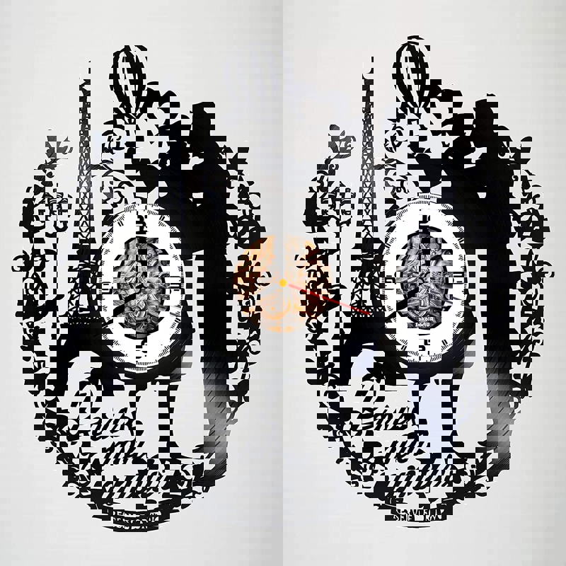 طرح ساعت دیواری وینیل پاریس فرانسه طرح عشق من مناسب برای استفاده در دستگاه های cnc چوب و cnc لیزر - laser cut paris france mon amour vinyl record wall clock dxf file