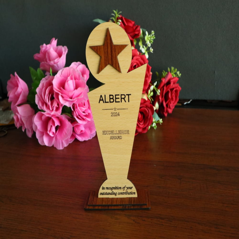 طرح تندیس چوبی شخصی مناسب برای استفاده در دستگاه های cnc چوب و cnc لیزر - laser cut personalized wooden trophy cdr file