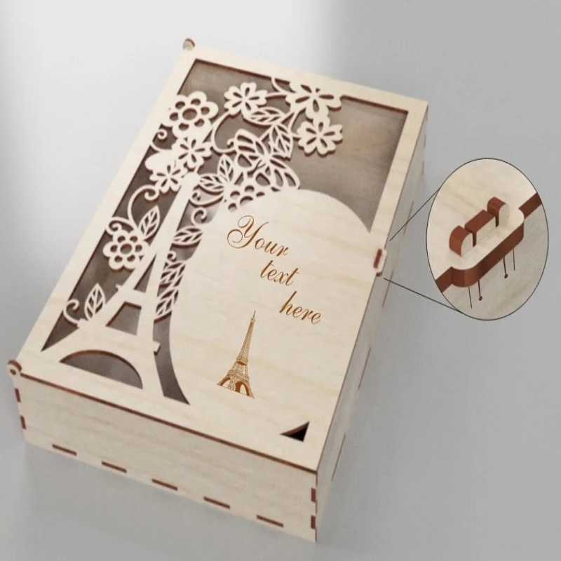 طرح جعبه هدیه چوبی پاریس مناسب برای استفاده در دستگاه های cnc چوب و cnc لیزر - laser cut paris wooden gift box dxf file