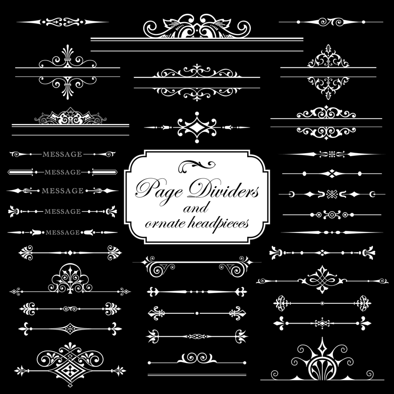 طرح فایل لایه باز وکتوری جدا کننده صفحه و سربرگ های تزیینی با طرح های مختلف . مناسب برای استفاده در دستگاه های cnc چوب و cnc لیزر - page dividers and ornate headpieces isolated on black background eps file
