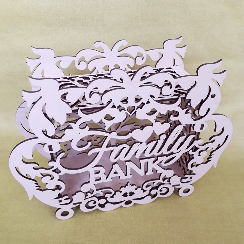 طرح جعبه پول قلک خانوادگی مناسب برای استفاده در دستگاه های cnc چوب و cnc لیزر - laser cut decor family bank money box piggy bank cdr file