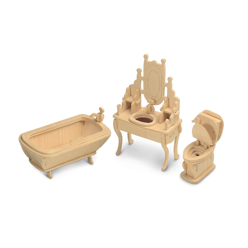 طرح مجموعه مبلمان حمام عروسکی مناسب برای استفاده در دستگاه های cnc چوب و cnc لیزر - laser cut bathroom dollhouse furniture set 3d puzzle dxf file