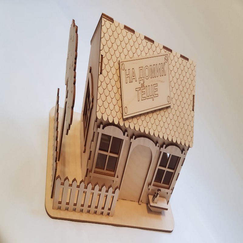 طرح خانه با حصار و قلک مناسب برای استفاده در دستگاه های cnc چوب و cnc لیزر - laser cut house with fence piggy bank template cdr file
