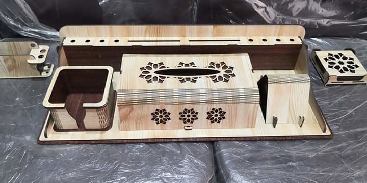 طرح جعبه دستمال کاغذی مناسب برای استفاده در دستگاه های cnc چوب و cnc لیزر - laser cut creative desk organizer with tissue box pen holder cdr file