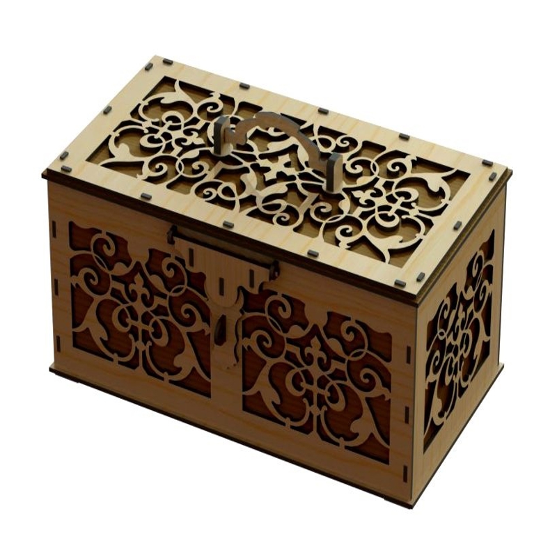 طرح جعبه تزئینی با دسته و قفل مناسب برای استفاده در دستگاه های cnc چوب و cnc لیزر - laser cut decorative box with handle and lock cdr file