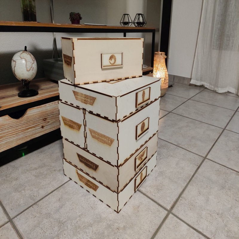 طرح جعبه ذخیره سازی مینیاتوری Warhammer مناسب برای استفاده در دستگاه های cnc چوب و cnc لیزر - laser cut warhammer miniature storage box svg file