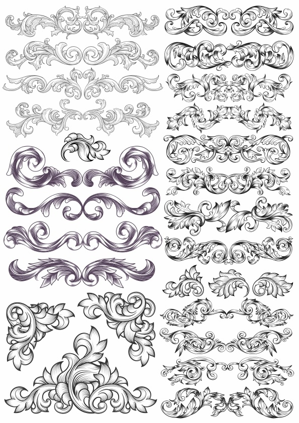 طرح مجموعه المان‌های تزئینی باروک، مناسب برای استفاده در دستگاه های cnc چوب و cnc لیزر - baroque decorative elements set cdr file