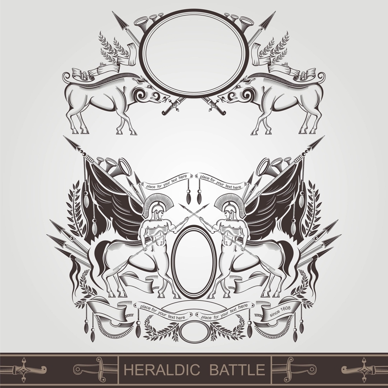 طرح فایل وکتور لایه باز نشان نبرد با سلاح قدیمی و گراز . با پسوندهای eps و ai مناسب برای استفاده در دستگاه های cnc چوب و cnc لیزر - heraldic battle coat of arm with old weapon centaur and boar eps file