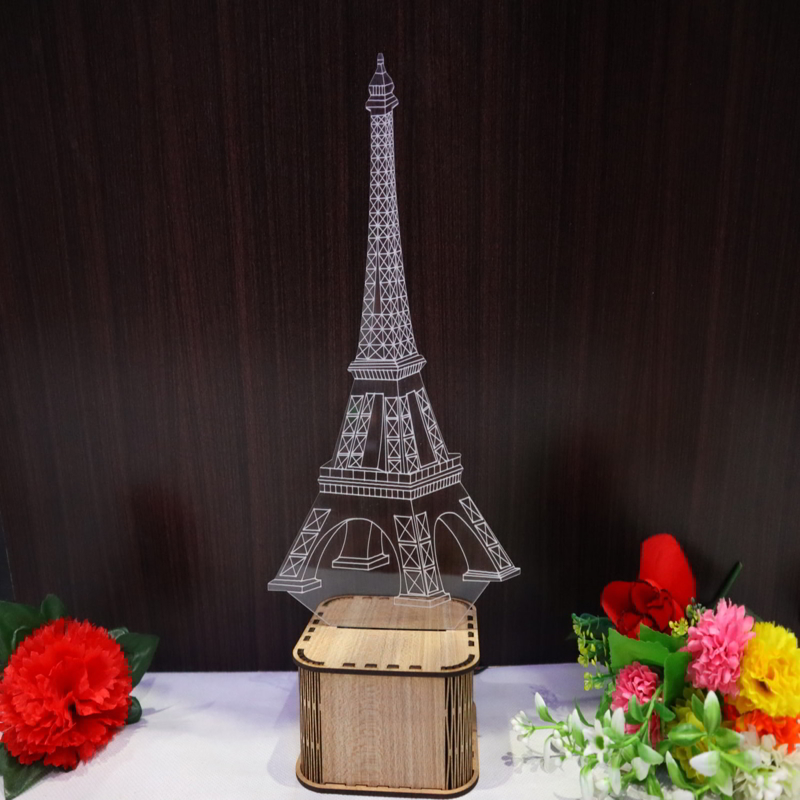 طرح چراغ خواب سه بعدی برج ایفل مناسب برای استفاده در دستگاه های cnc چوب و cnc لیزر - laser cut eiffel tower nightlight 3d illusion lamp cdr file