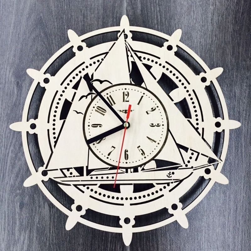 طرح ساعت دیواری طرح کشتی بادبانی مناسب برای استفاده در دستگاه های cnc چوب و cnc لیزر - laser cut sailing ship wall clock cdr file