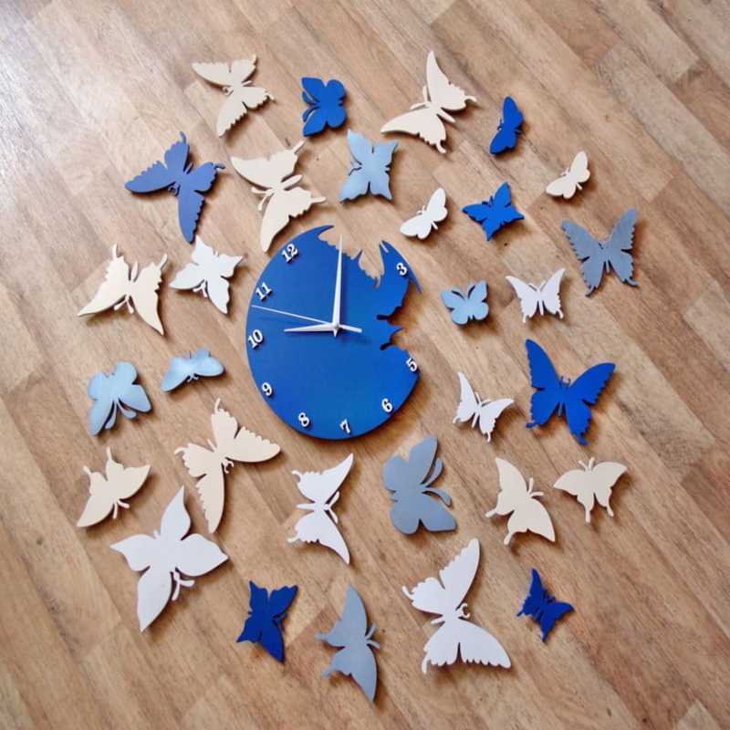 طرح ساعت پروانه مناسب برای استفاده در دستگاه های cnc چوب و cnc لیزر - laser cut butterflies clock cdr file