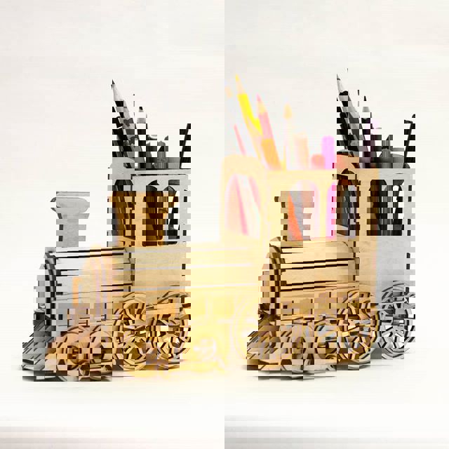 طرح جعبه ابزار لوکوموتیو بخار مناسب برای استفاده در دستگاه های cnc چوب و cnc لیزر - laser cut steam locomotive pen organizer with piggy bank cdr file