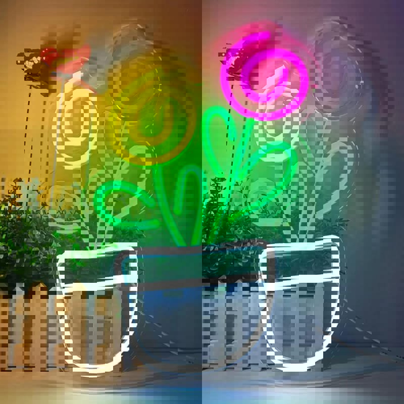 طرح تابلو نئون گل ، تابلو نئون LED برای گیاهان گلدانی مناسب برای استفاده در دستگاه های cnc چوب و cnc لیزر - laser cut flower neon sign potted plants led neon sign