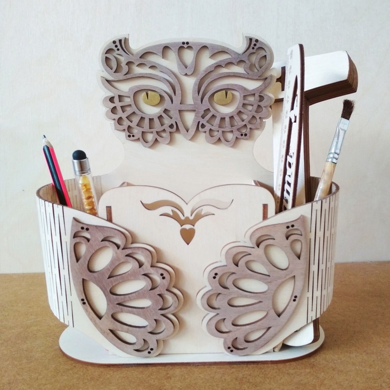 طرح جا مدادی جغد تزئینی مناسب برای استفاده در دستگاه های cnc چوب و cnc لیزر - laser cut decorative owl pencil holder cdr file