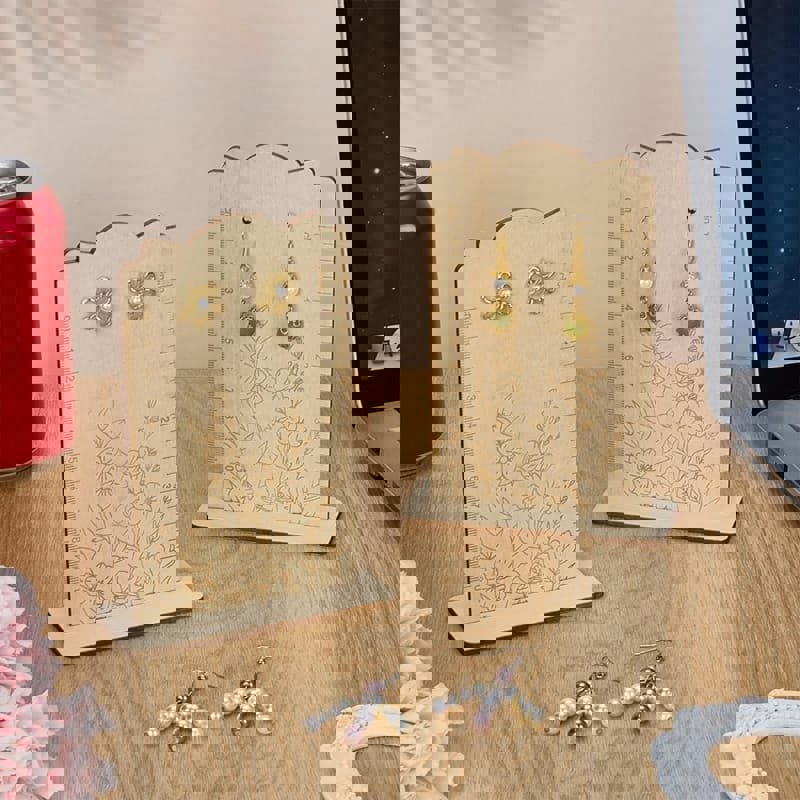 طرح پایه نمایش اندازه گیری گوشواره ، نگهدارنده گوشواره چوبی با اندازه گیری مناسب برای استفاده در دستگاه های cnc چوب و cnc لیزر - laser cut earring measurement display stand wood earring holder with measurement