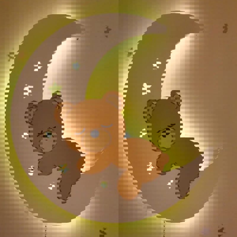 طرح خرس روی ماه، چراغ خواب اتاق کودک، چراغ ماه، دکور اتاق بچه ها مناسب برای استفاده در دستگاه های cnc چوب و cnc لیزر - laser cut bear on the moon baby room night light moon lamp kids room decor