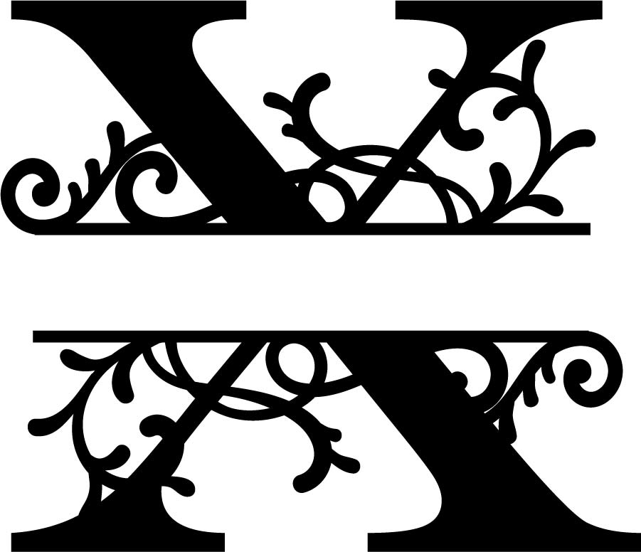 طرح مونوگرام شکفته حرف X مناسب برای استفاده در دستگاه های cnc چوب و cnc لیزر - flourished split monogram x letter eps file