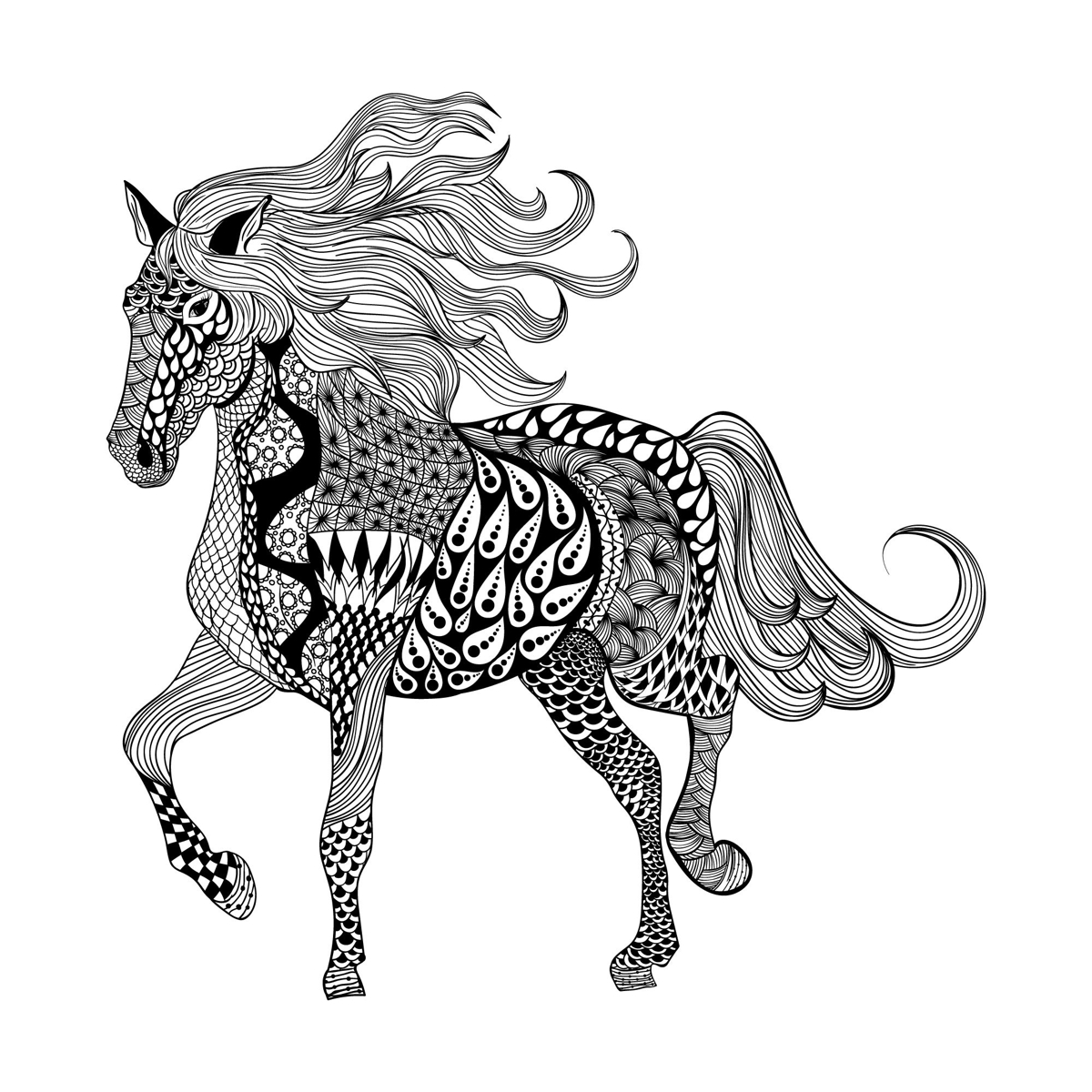 طرح اسب ذن تانگل مناسب برای استفاده در دستگاه های cnc چوب و cnc لیزر - zentangle horse eps file
