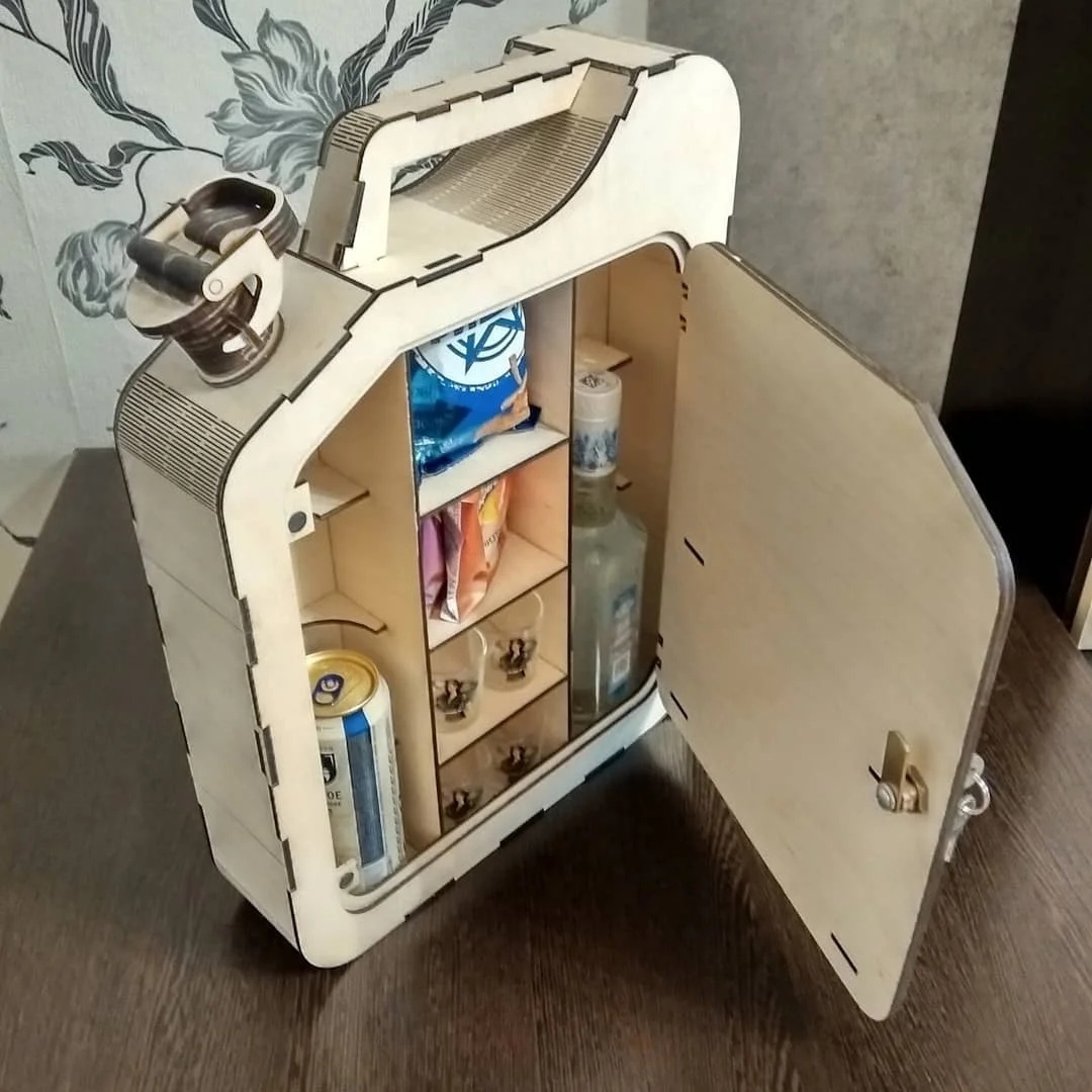 طرح قوطی سوخت جری مناسب برای استفاده در دستگاه های cnc چوب و cnc لیزر - laser cut jerry can mini bar fuel canister mini bar dxf file